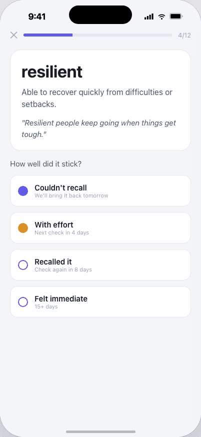 Vocleo Memory Check screen asking how well the word resilient was recalled