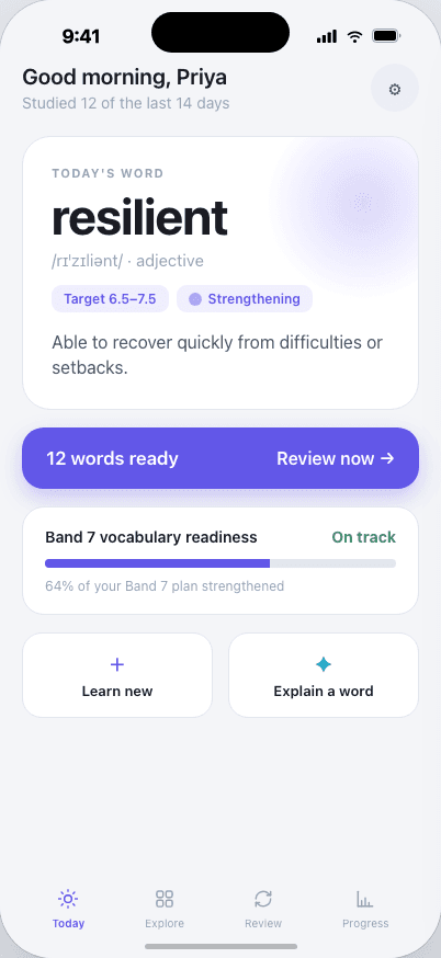 Vocleo Today screen showing the word resilient and twelve words ready for review