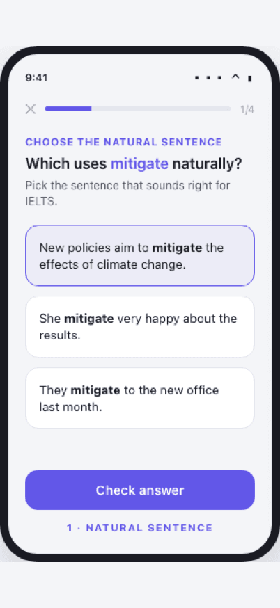 Vocleo practice screen asking which sentence uses mitigate naturally